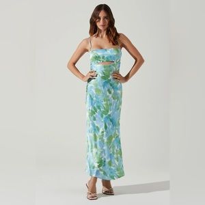BELLEROSE SATIN FLORAL CUTOUT MIDI DRESS. Size small